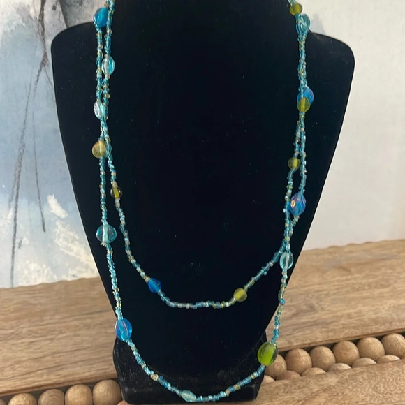 Beaded long necklace glass blue green boho casual - Picture 1 of 10